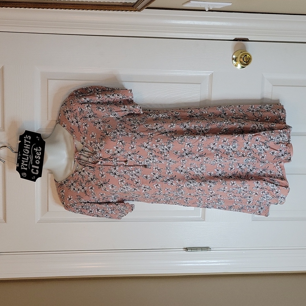 Entro Floral Dress Short Sleeve Medium Pink White Lace Up